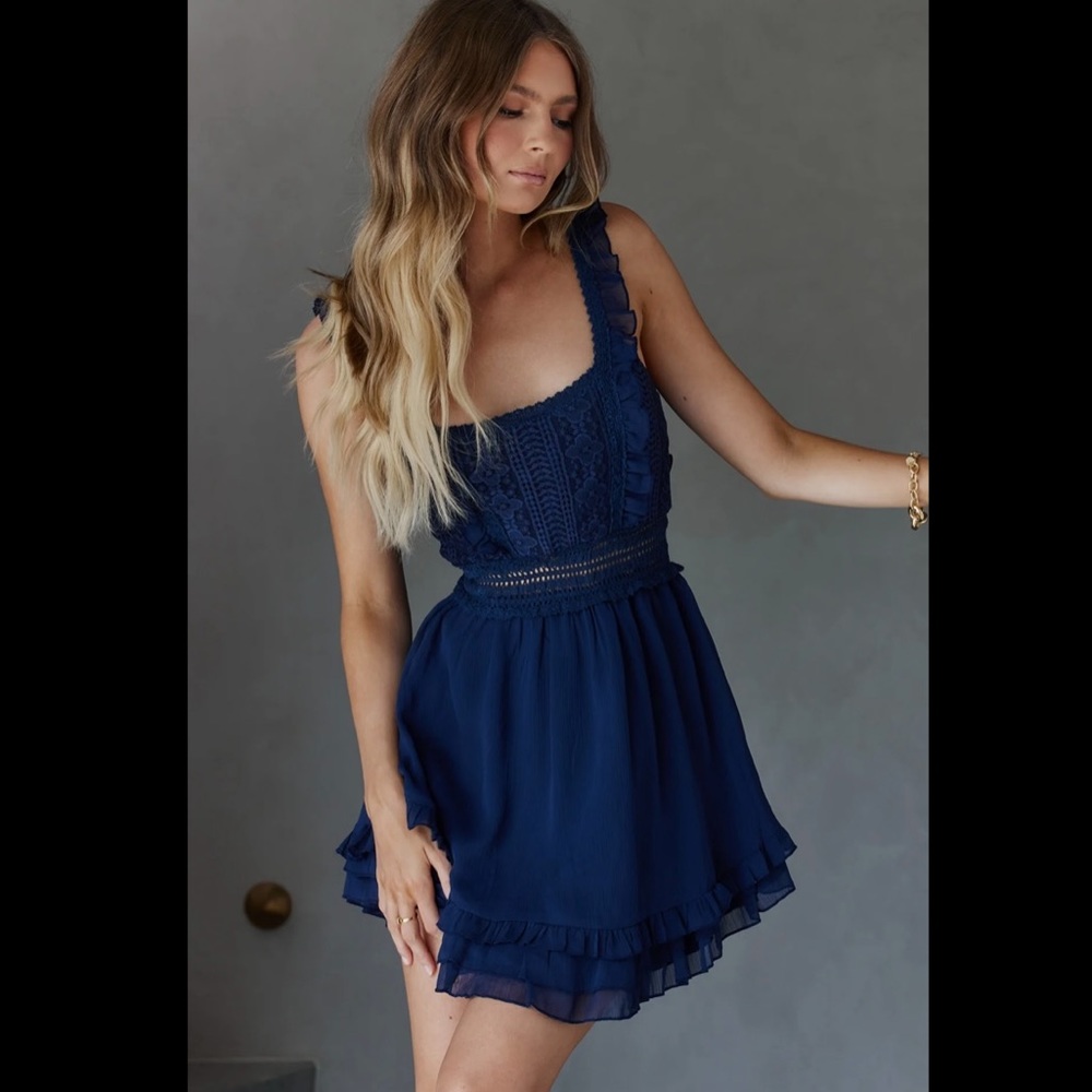 NAVY WINNIE LACE BODICE TIE-UP BACK DRESS